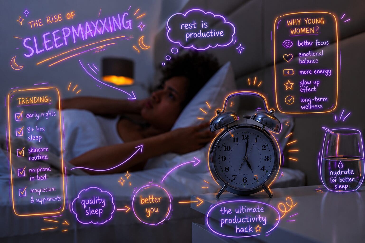 A woman in bed struggling to sleep with focus on an alarm clock next to her. She is surrounded by annotated neon purple and orange words and images