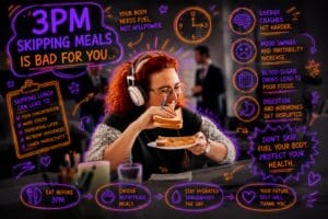 Woman eating at her desk in an office styled with hand-drawn neon marker annotations layered over photograph