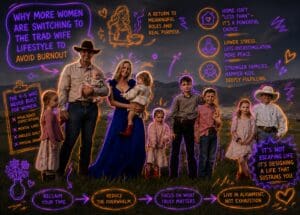 Family of 9 (mother, father and 7 children), stood in a field, annotated with neon symbols and text relevant to the article