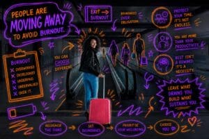 Woman with suitcase looking over her shoulder at an airport annotated with neon handrawn symbols