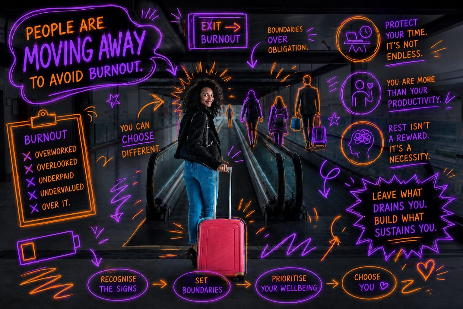 Woman with suitcase looking over her shoulder at an airport annotated with neon handrawn symbols