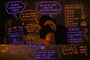 Woman sat in a bath in a dark room with her head in her hand styled with hand-drawn neon marker annotations layered over photography
