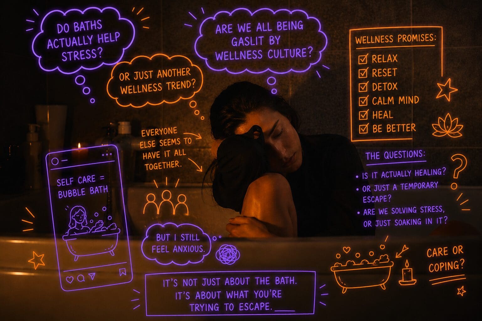 Woman sat in a bath in a dark room with her head in her hand styled with hand-drawn neon marker annotations layered over photography