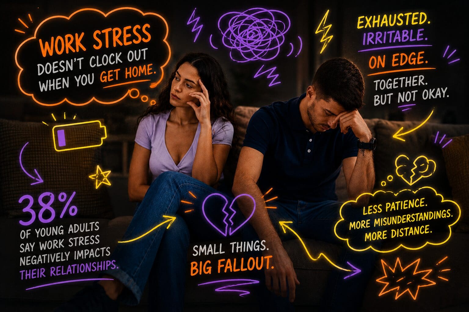 A man and woman sat on the sofa facing away from each other with their heads in their hands, annotated with neon symbols and text that summarises the piece