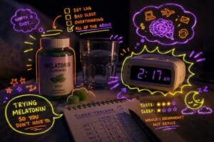 Picture of melatonin gummies, an alarm clock, and a notebook tracking sleep annotated with neon symbols and scribbles relating to the written piece