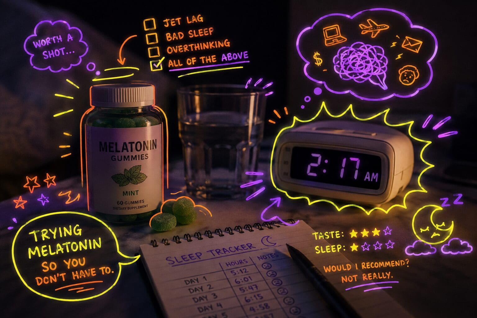 Picture of melatonin gummies, an alarm clock, and a notebook tracking sleep annotated with neon symbols and scribbles relating to the written piece