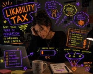 woman looking tired, annotated with neon text and symbols relevant to the piece