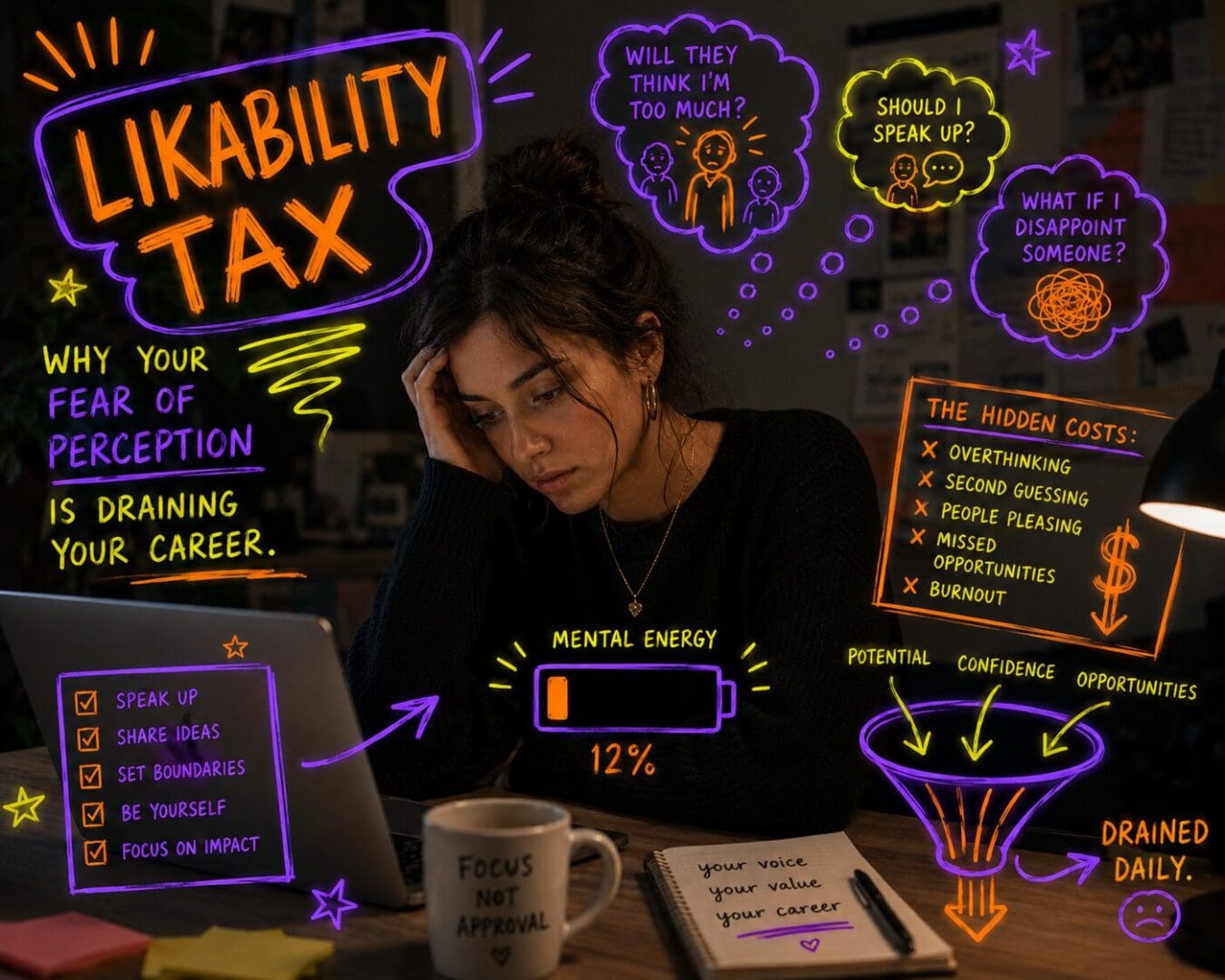 woman looking tired, annotated with neon text and symbols relevant to the piece