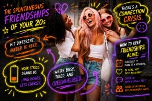 group of three women smiling and hugging, annotated with neon symbols and text relevant to the piece