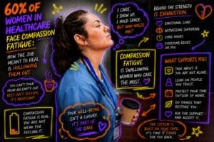 woman in scrubs leaning on the wall looking stressed annotated with neon symbols and text relevant to the story