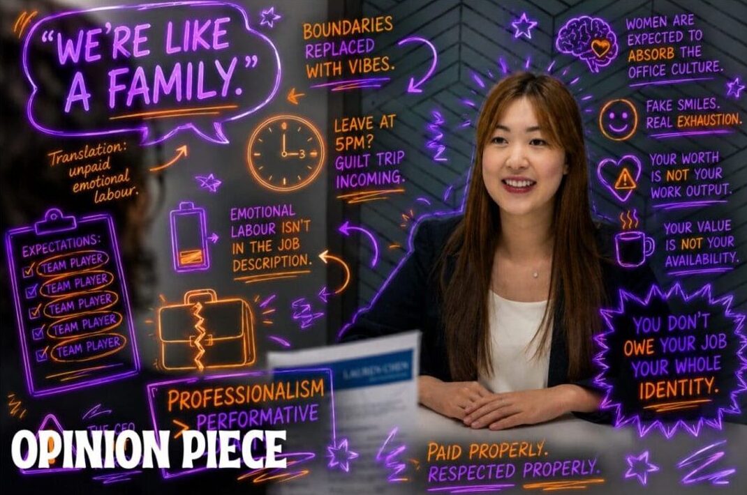 woman sat at a desk talking to a college, annotated with neon text and symbols that are relevant to the written piece