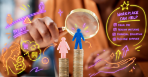 woman holding magnifying glass to look at a female symbol standing on a pile of coins smaller pile of coins than a male symbol to represent the gender pay gap, annotated with neon symbols and illustrations relevant to the written content