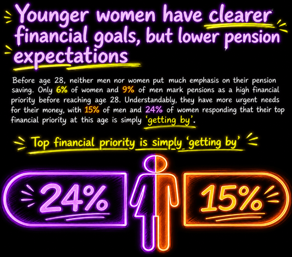a visual representation of the statistic that 15% of men and 24% of women before 28 say their top financial priority is 'getting by'