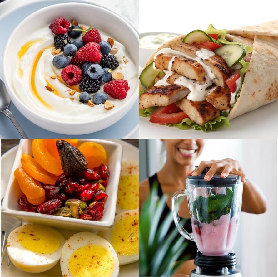 grid of: yoghurt with fruit and nuts, chicken wrap, boiled egg with fruit, pink smoothie in blender