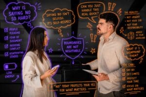 Man and woman talking to eachother styled with hand-drawn neon marker annotations layered over photography