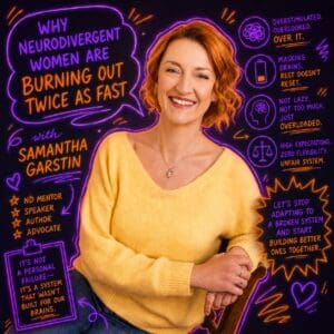 Picture of Samantha Garstin styled with hand-drawn neon marker annotations layered over photograph