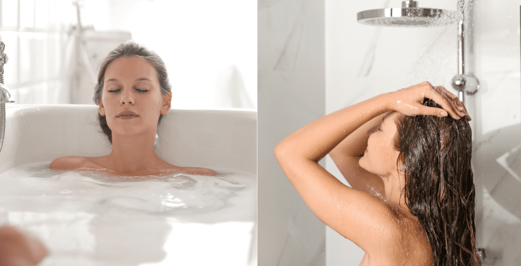 A picture of a woman with her eyes closed relaxing in a bath on the left, next to a woman side on in the shower with her hands on her head