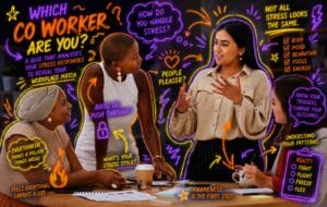 four women talking while sat and stood at a desk, annotated with neon symbols and text that relates to the quiz