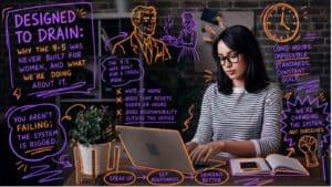 Woman sat at laptop styled with hand-drawn neon marker annotations layered over photography