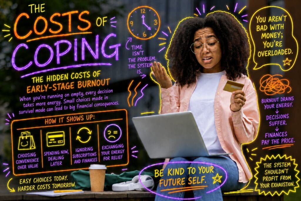 woman holding laptop and credit card, annotated with neon symbols and notes that are relevant to the written piece