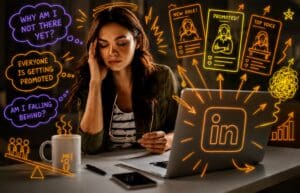 Woman sitting at a laptop looking stressed styled with hand-drawn neon marker annotations layered over photography