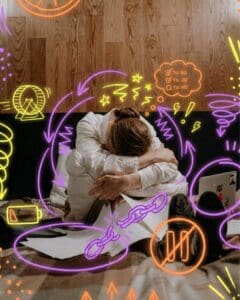 Picture of girl sat down with her head in her arms styled with hand-drawn neon marker annotations layered over photography