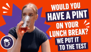 picture of a girl drinking a pint, with the headline to the right