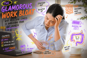 women sat at a desk annotated with neon symbols and text relevant to the written piece