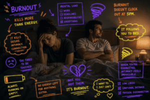 couple sat in bed, turned away from each other, looking down, annotated with neon symbols and text relevant to the piece
