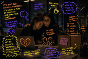 two girls sat together at a desk, comforting eachother, annotated with neon symbols and text relevant to the written piece