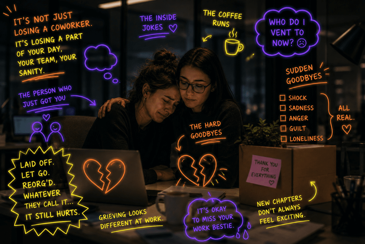 two girls sat together at a desk, comforting eachother, annotated with neon symbols and text relevant to the written piece