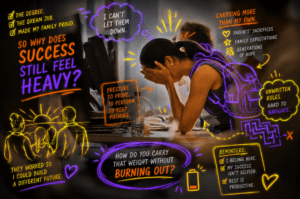 woman sat at desk with head in her hands annotated with neon symbols and text relevant to the written piece