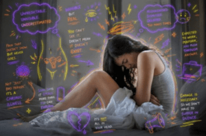 woman sat in bed holding her stomach, annotated with neon symbols and text relevant to the written piece