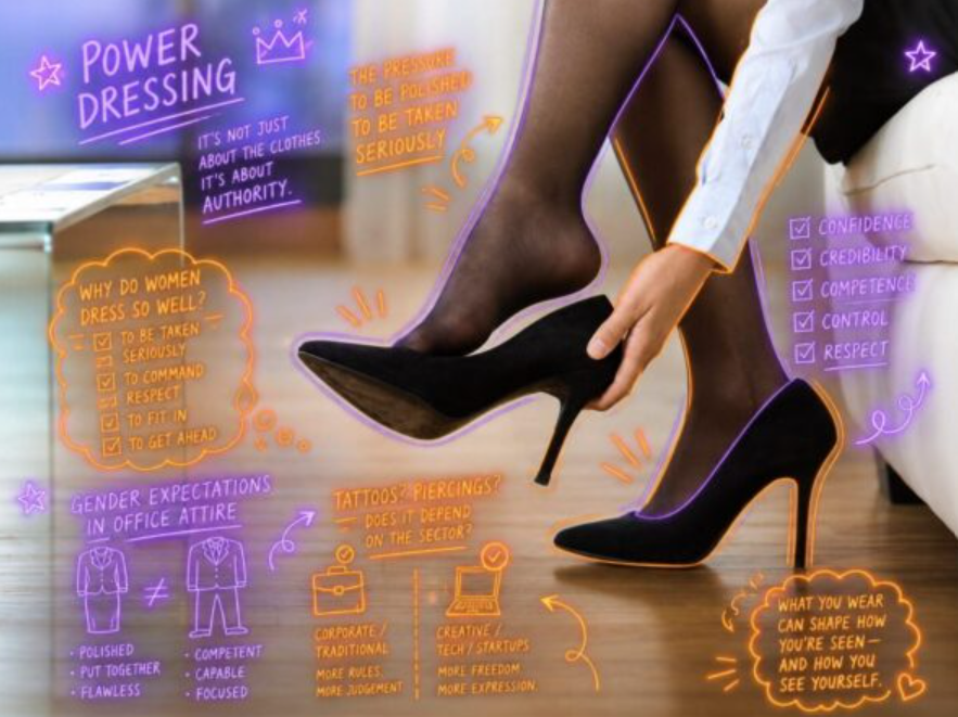 shot of woman putting on heels, annotated with neon symbols and text relevant to the written piece
