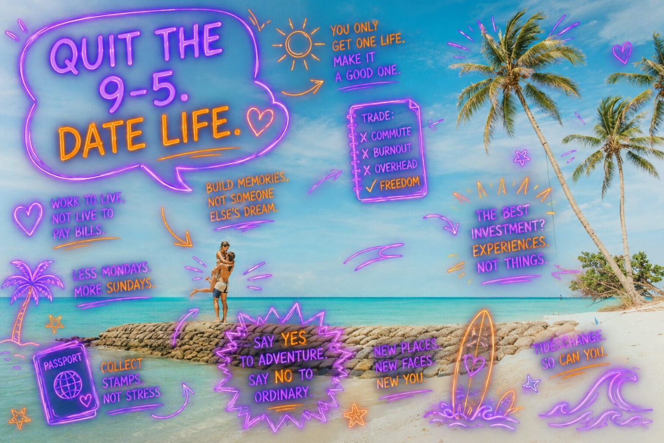 picture of a tropical island annotated with neon symbols and text relevant to the written piece